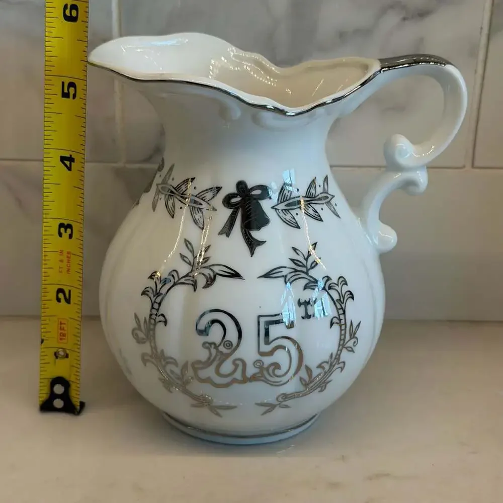 Lefton 25th Anniversary Pitcher & Bowl Set 5992 White Silver